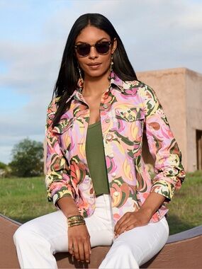 Boston Proper Print Ruched Sleeve Shaped Denim Jacket St Tropez Abstract XL